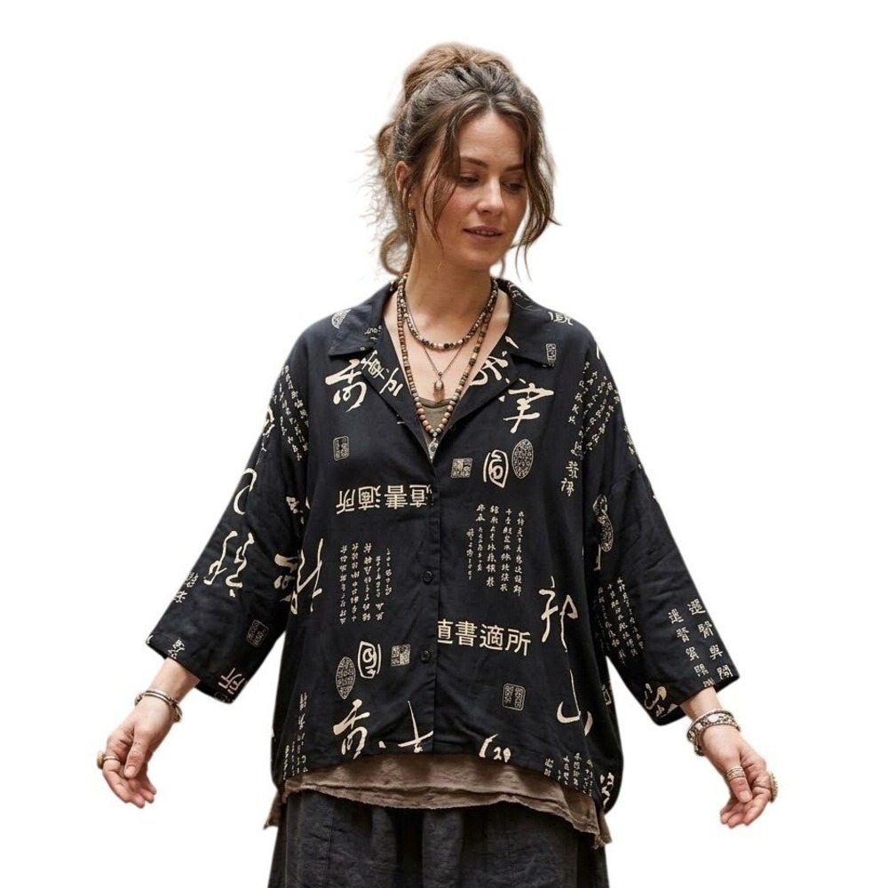Vintage CAROLE TOMKINS The Big Shirt OS Black Asian Kanji Script Print Tunic